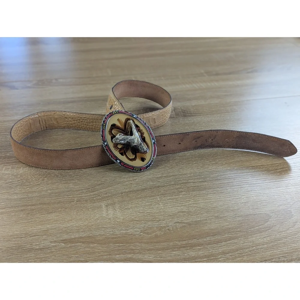 Vintage Tony Lama Hand Tooled Leather Belt Real Rattlesnake Taxidermy Buckle USA